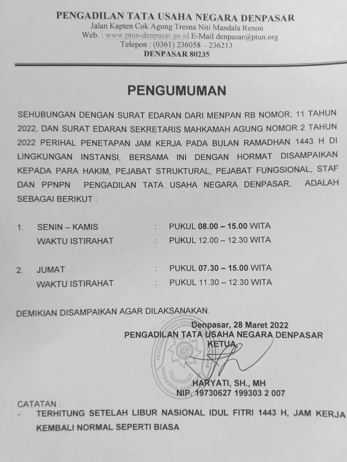 PENETAPAN JAM KERJA PADA BULAN RAMADHAN 1443 H