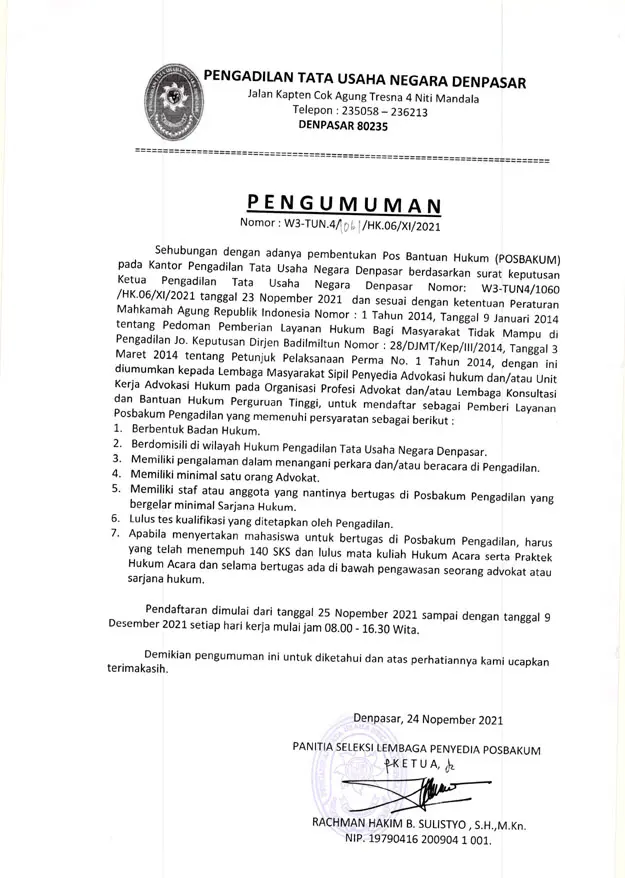 Pengumuman Pembentukan Posbakum