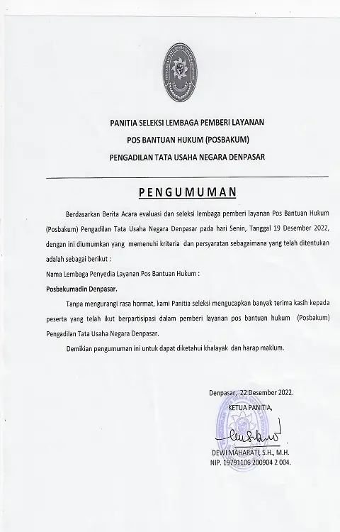 Pengumuman Hasil Seleksi Pos Bantuan Hukum